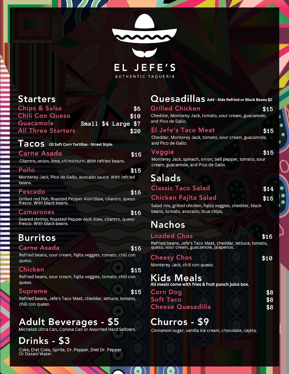 El Jefe's Authentic Taqueria menu board