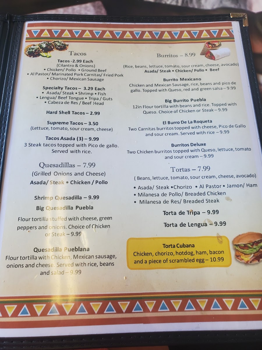 Taqueria Puebla menu board