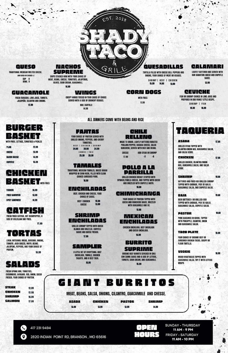 Shady Taco menu board