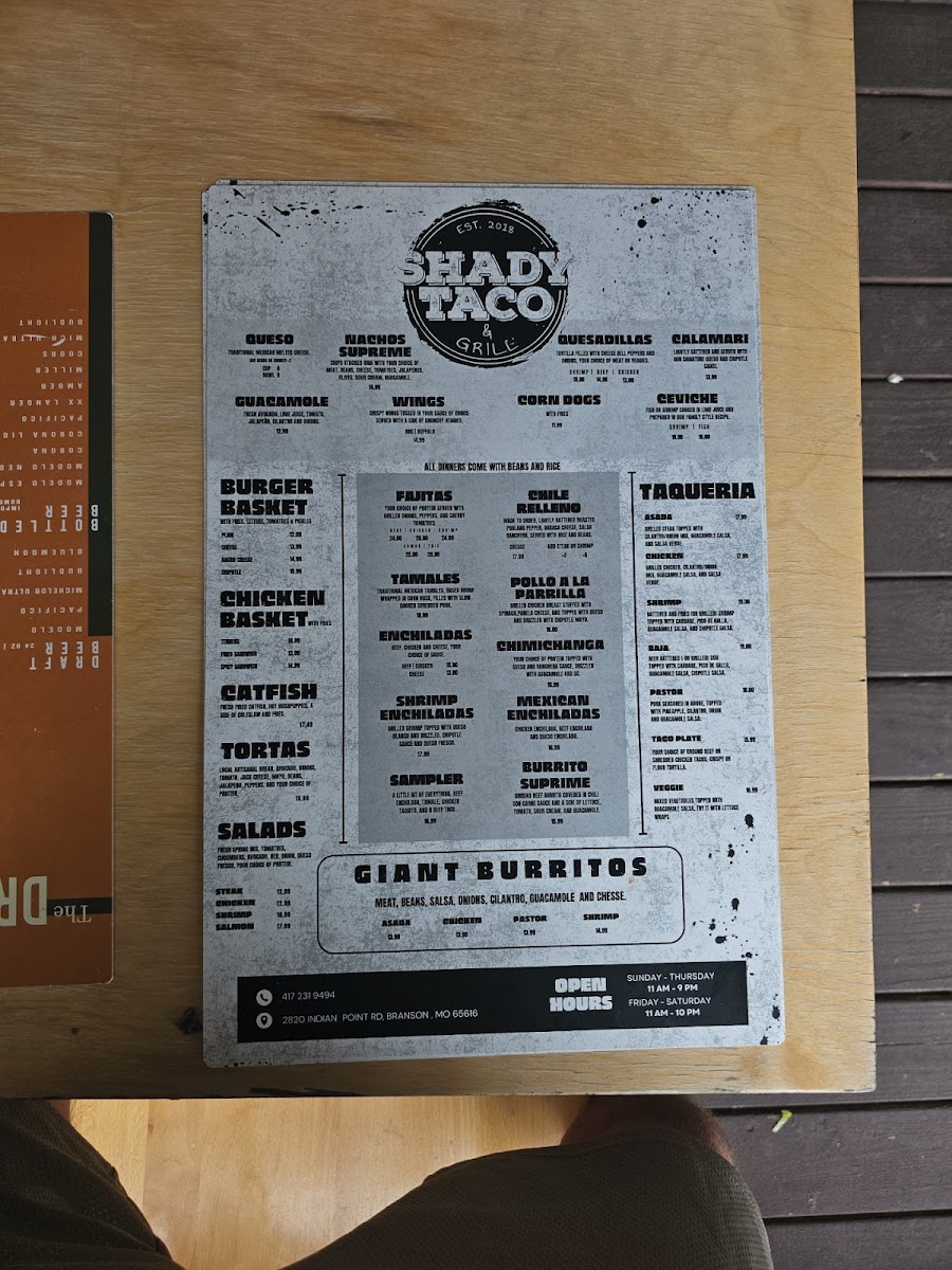 Shady Taco menu board