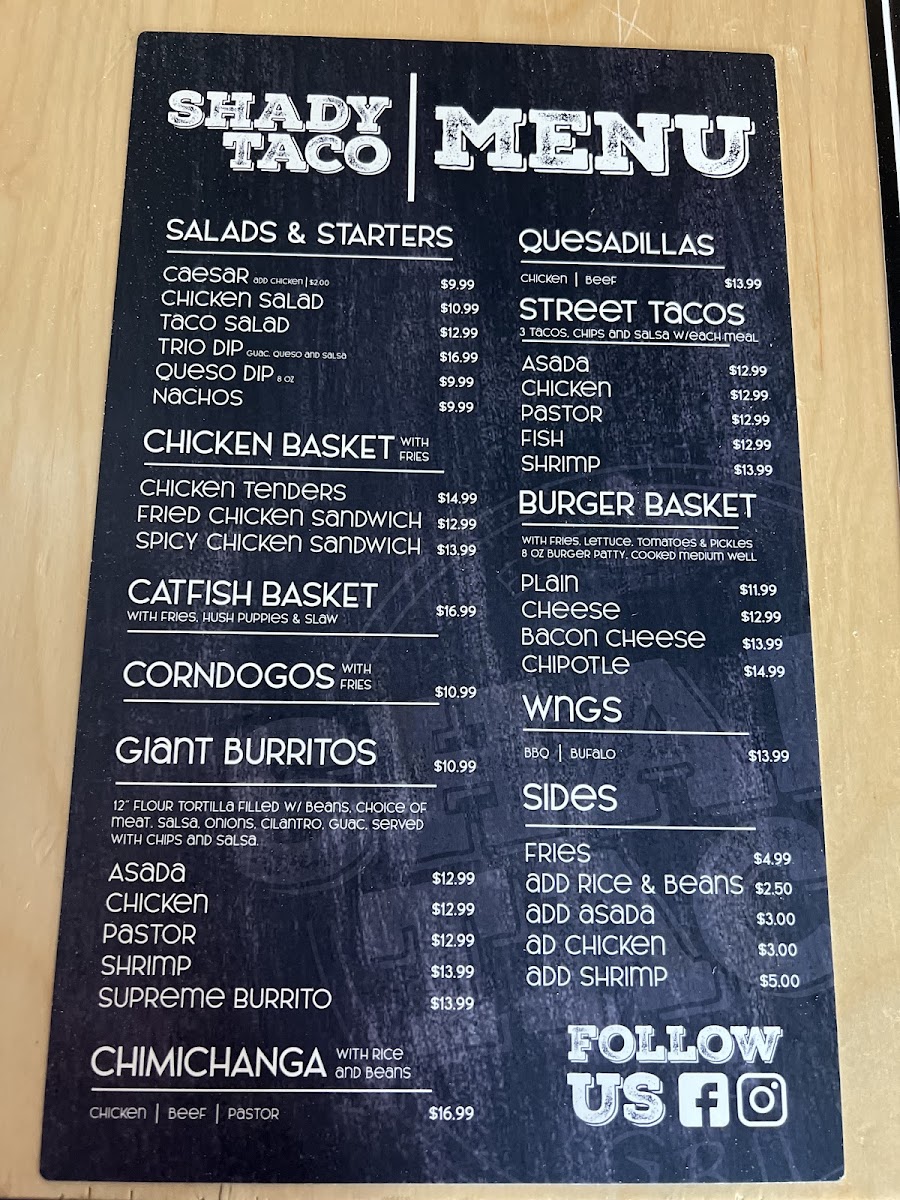 Shady Taco menu board