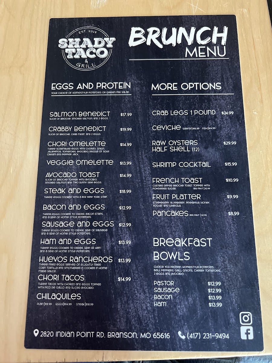 Shady Taco menu board