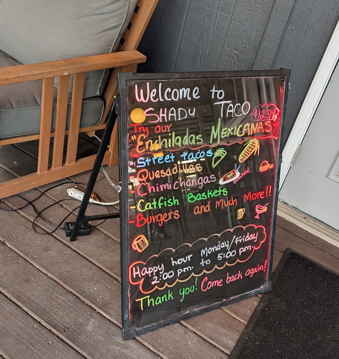 Shady Taco menu board