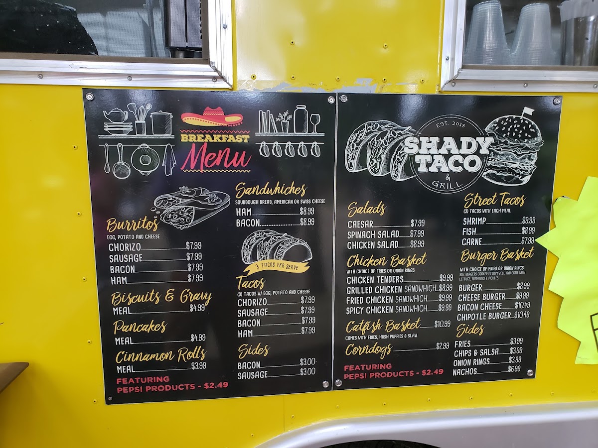 Shady Taco menu board