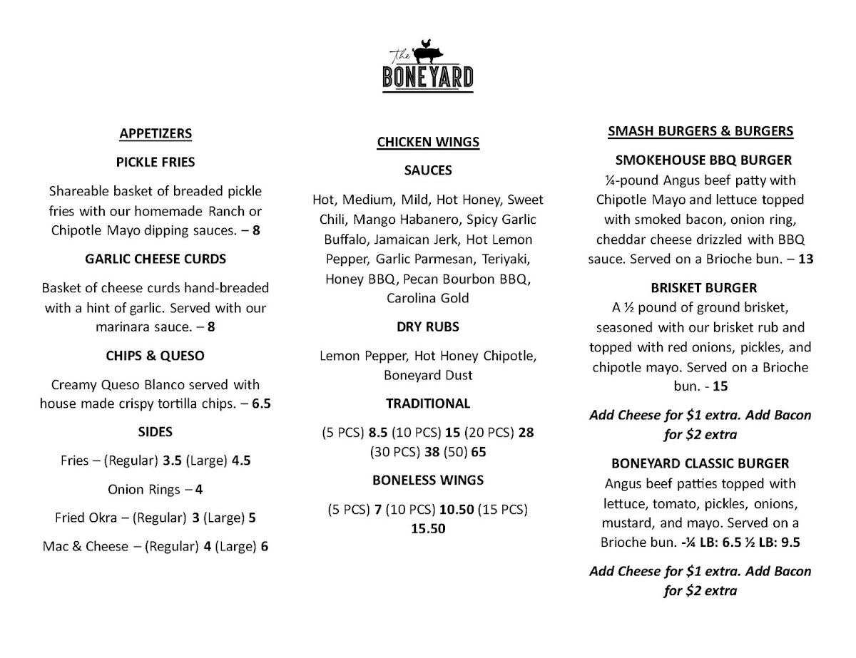 The Boneyard menu board