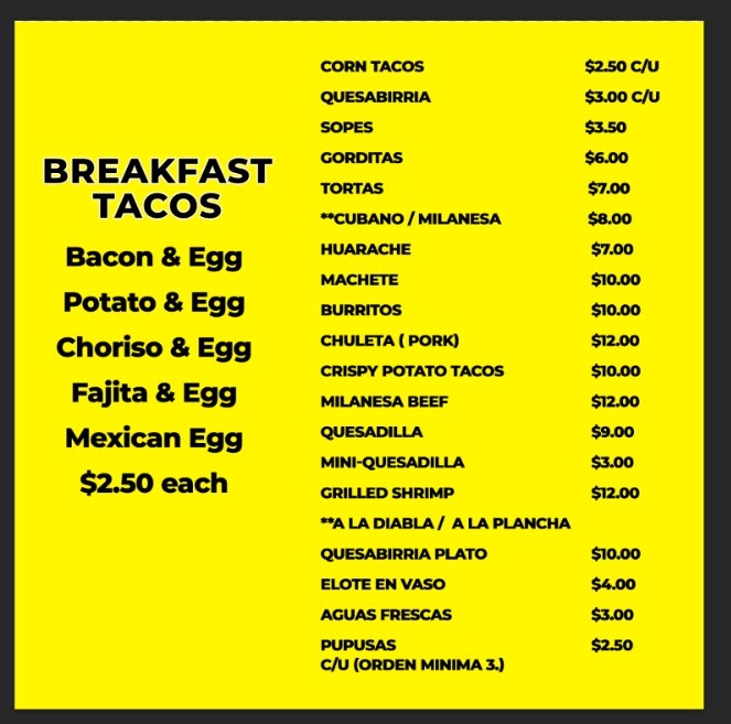 Pupusas / taqueria menu board