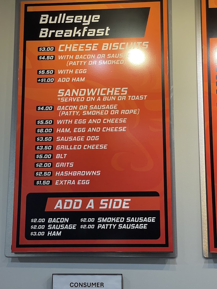 Bullseye Grill menu board