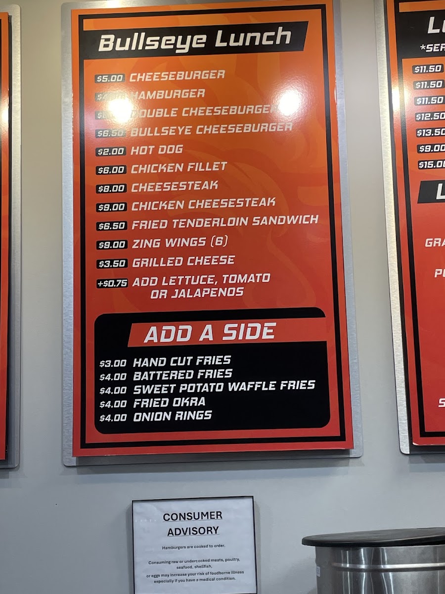 Bullseye Grill menu board
