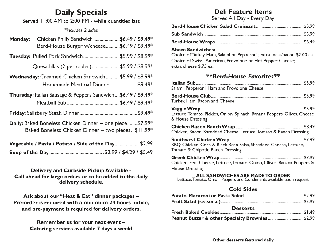 Aunt Alyee's Berd-House Deli and Catering menu board