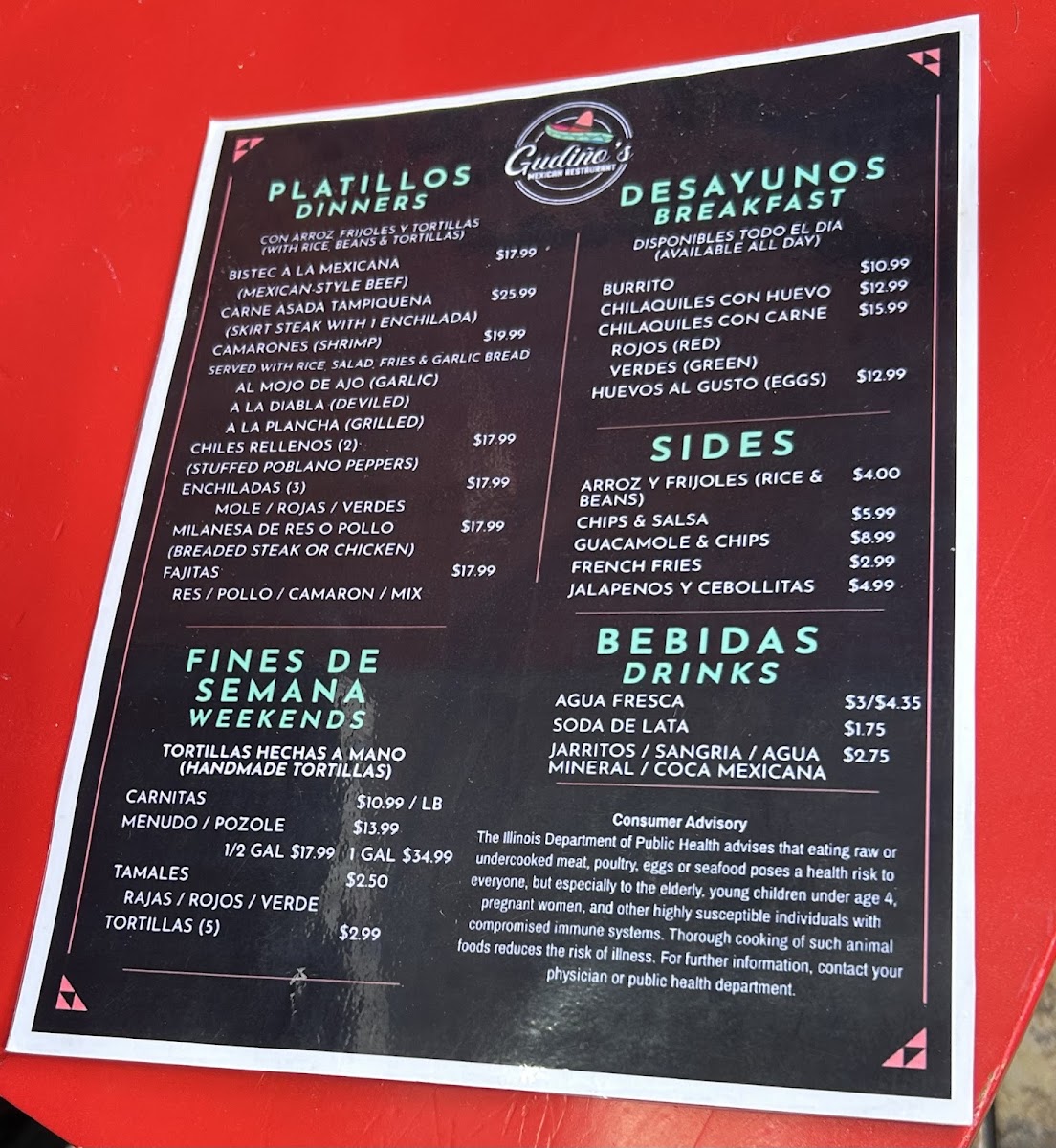 Gudiño's Mexican Restaurant menu board
