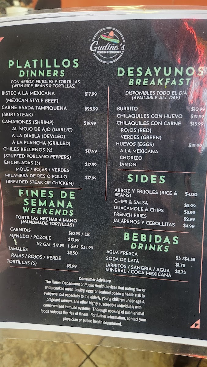 Gudiño's Mexican Restaurant menu board