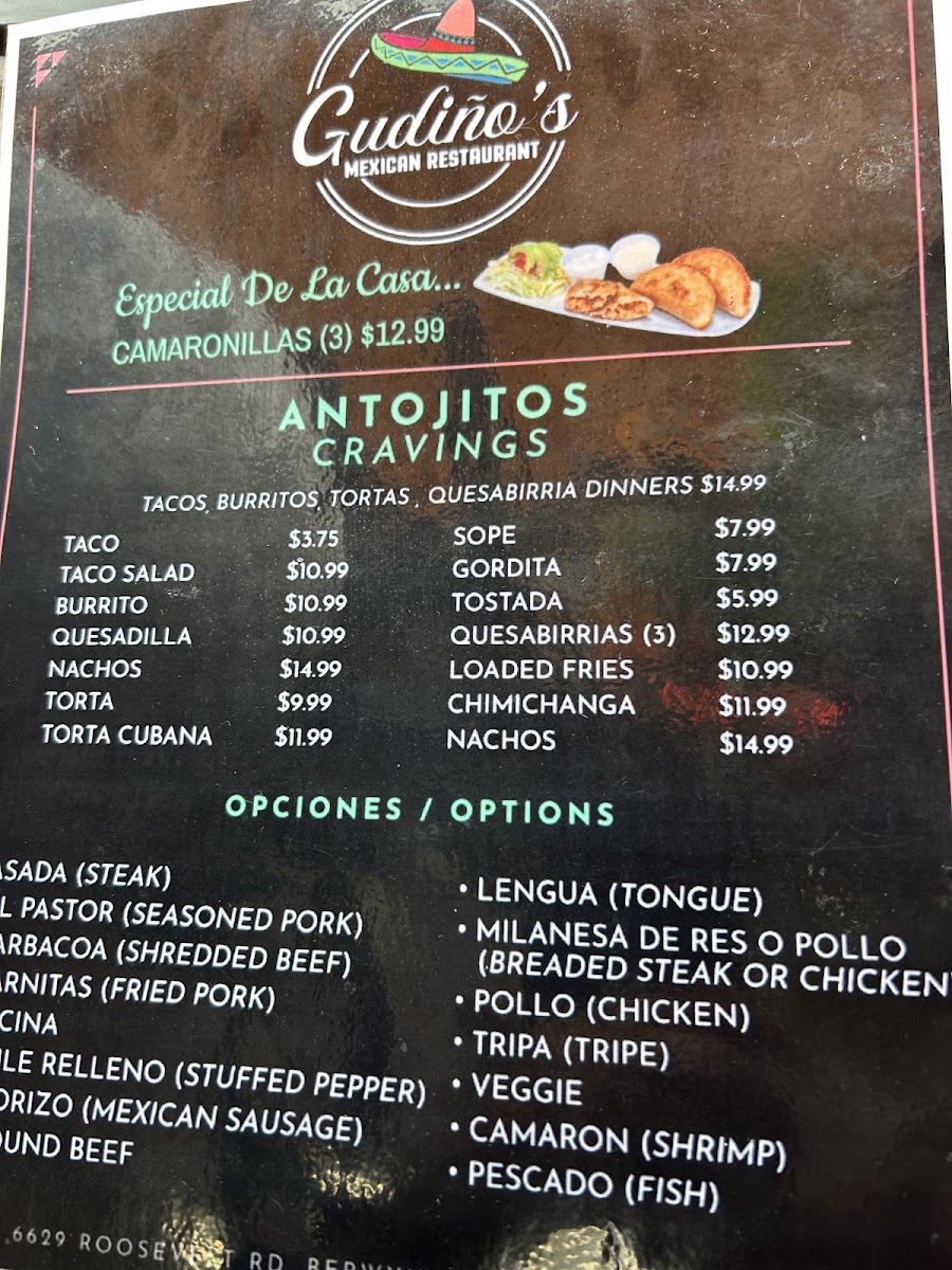 Gudiño's Mexican Restaurant menu board