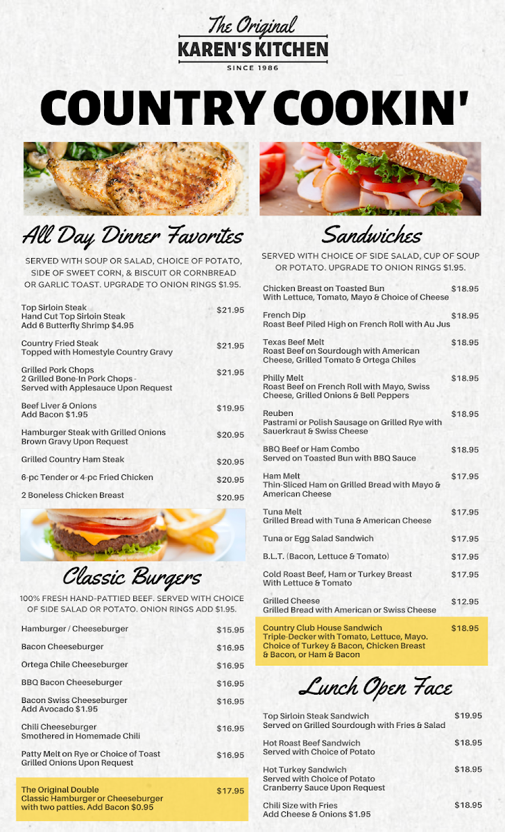 The Original Karen's Kitchen menu board