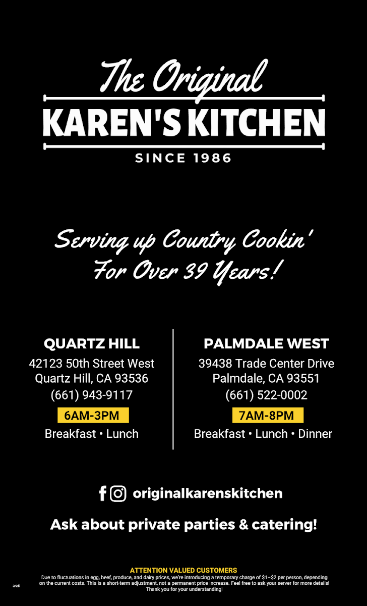 The Original Karen's Kitchen menu board