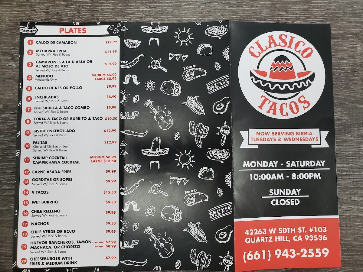 Clasico Tacos menu board