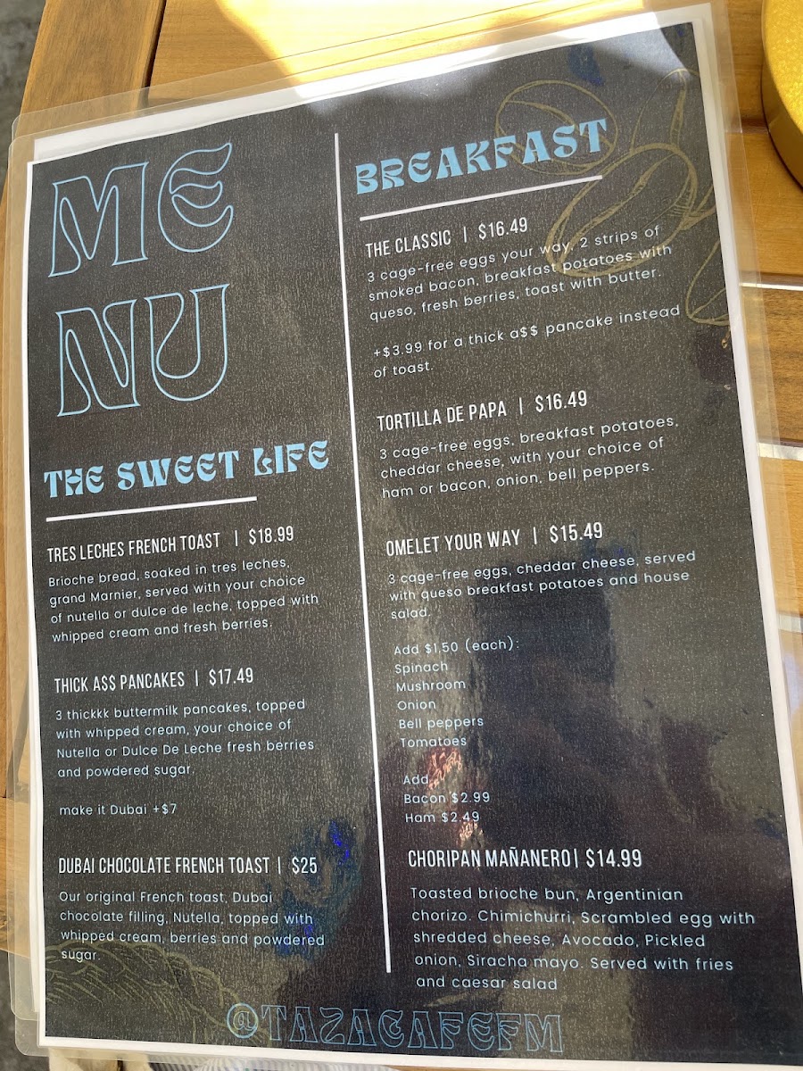Taza cafe menu board