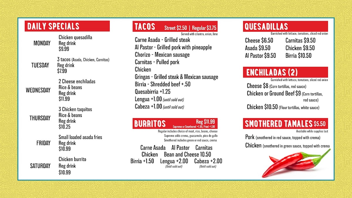 Taco Rico menu board