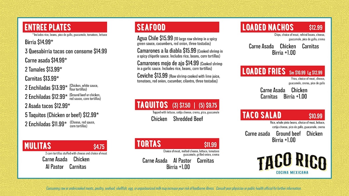 Taco Rico menu board