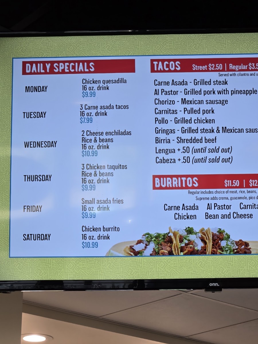 Taco Rico menu board