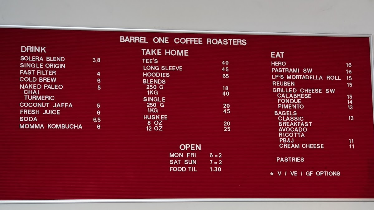 Barrel One Coffee Roasters Manly menu board