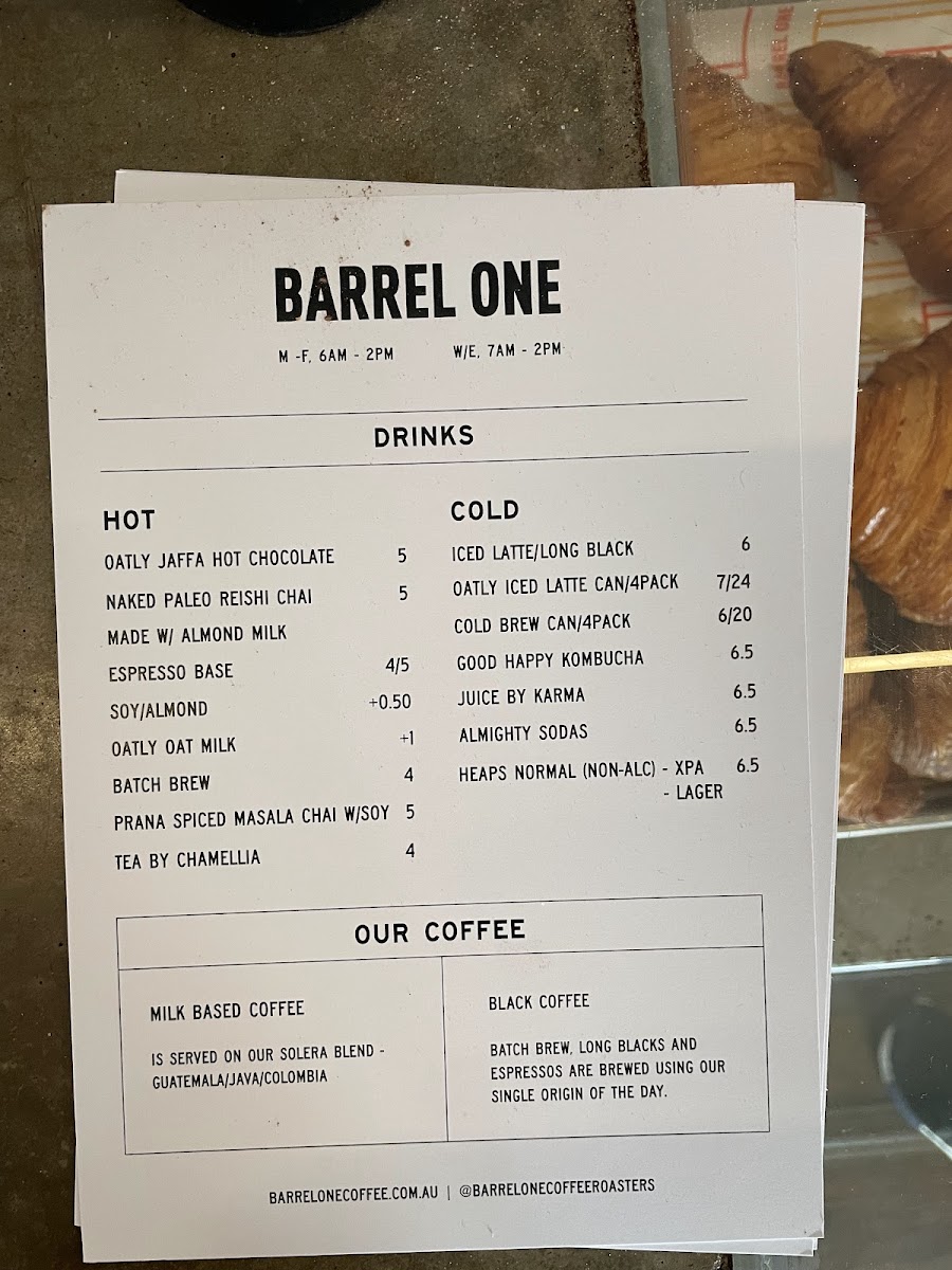 Barrel One Coffee Roasters Manly menu board