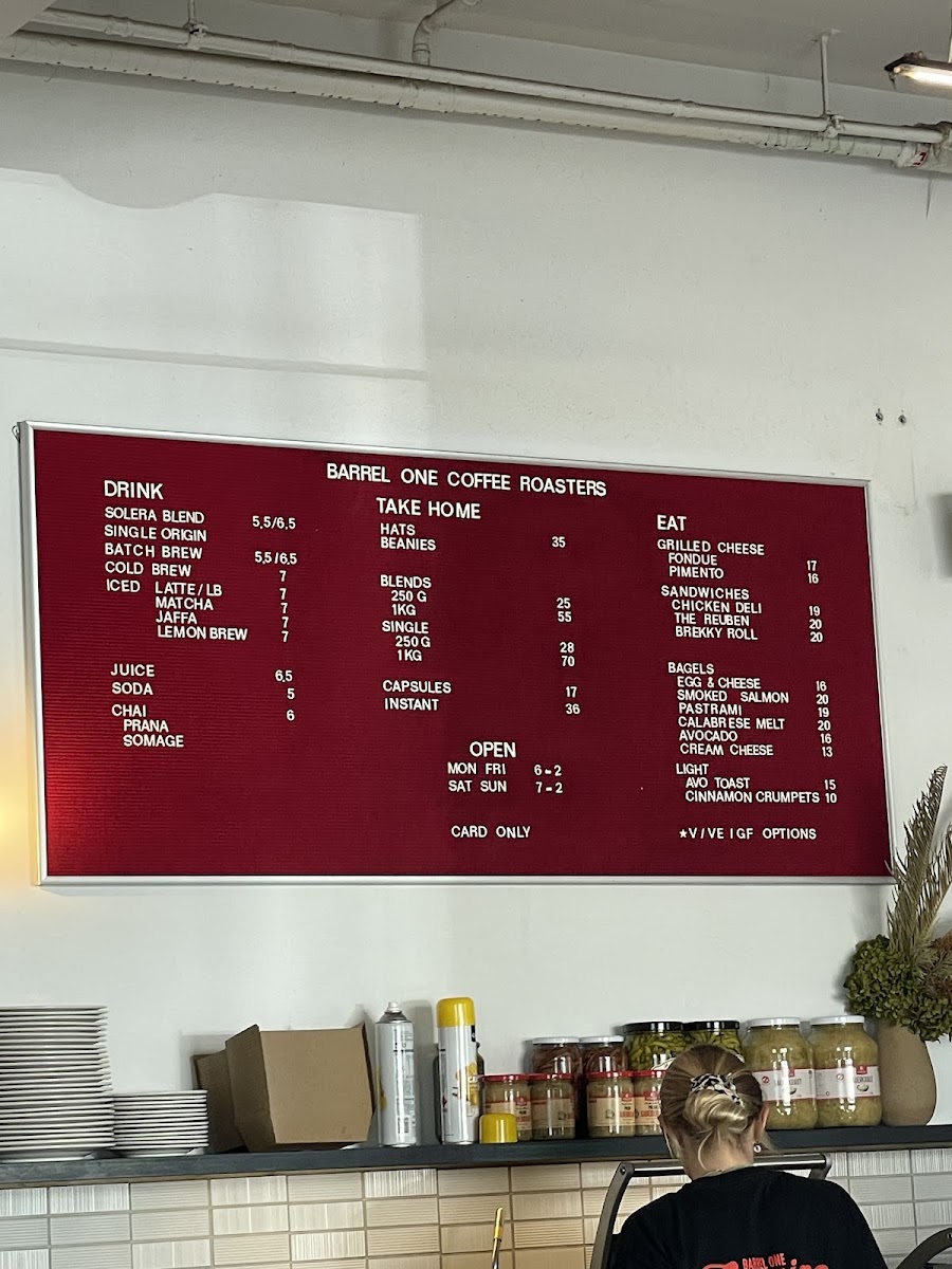 Barrel One Coffee Roasters Manly menu board