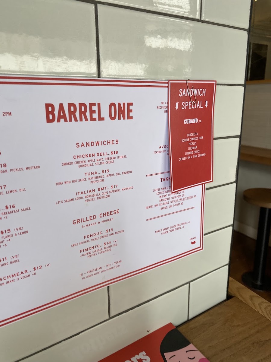 Barrel One Coffee Roasters Manly menu board
