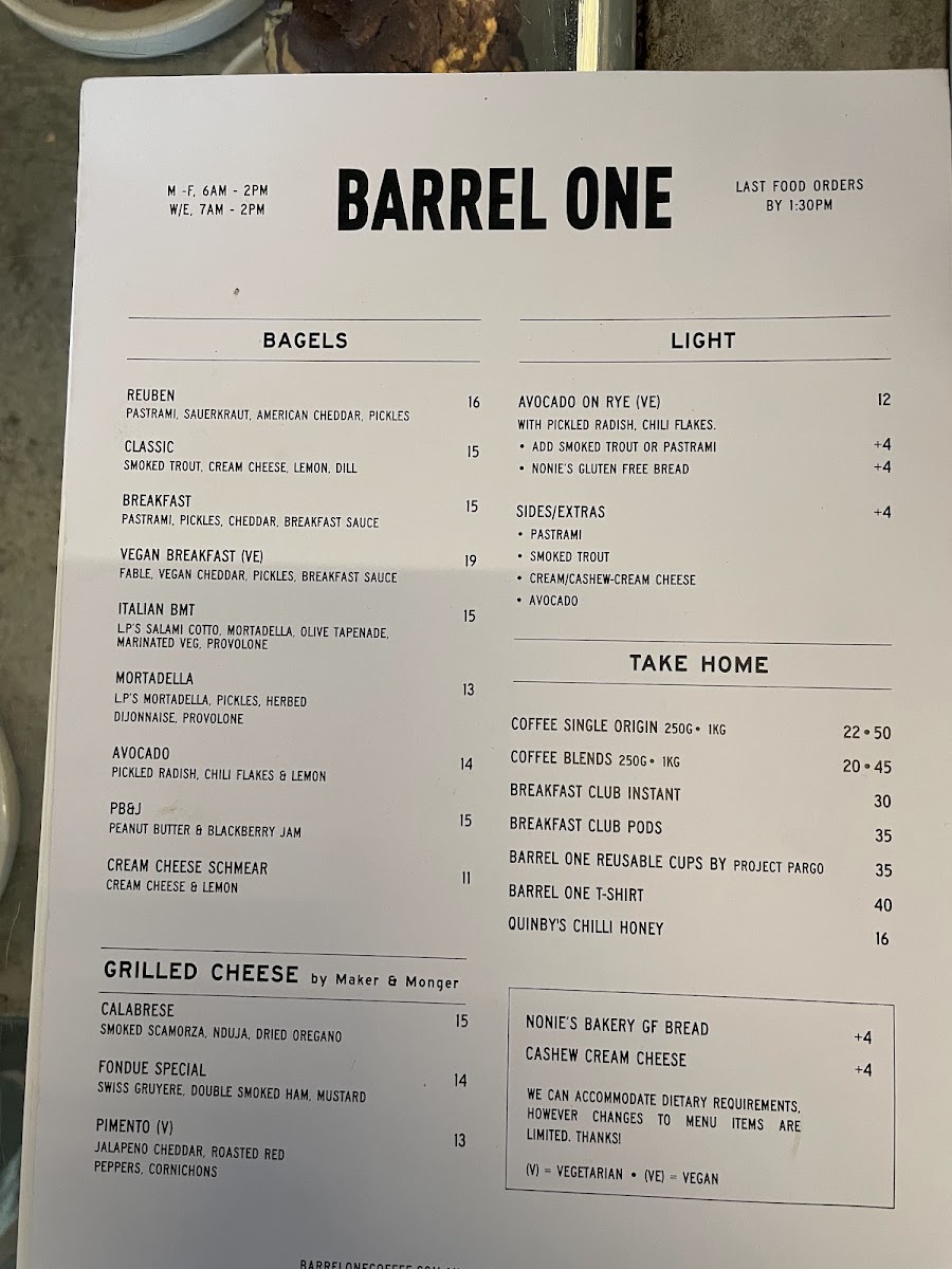 Barrel One Coffee Roasters Manly menu board