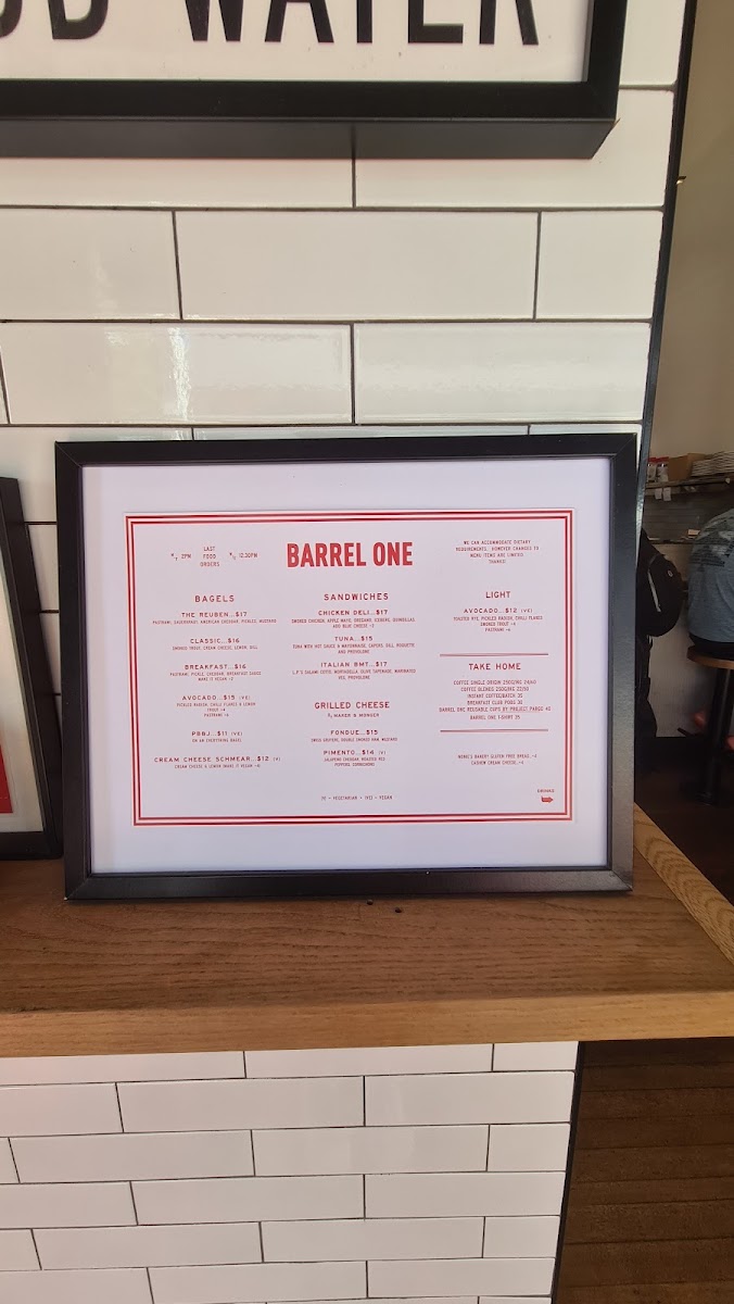 Barrel One Coffee Roasters Manly menu board