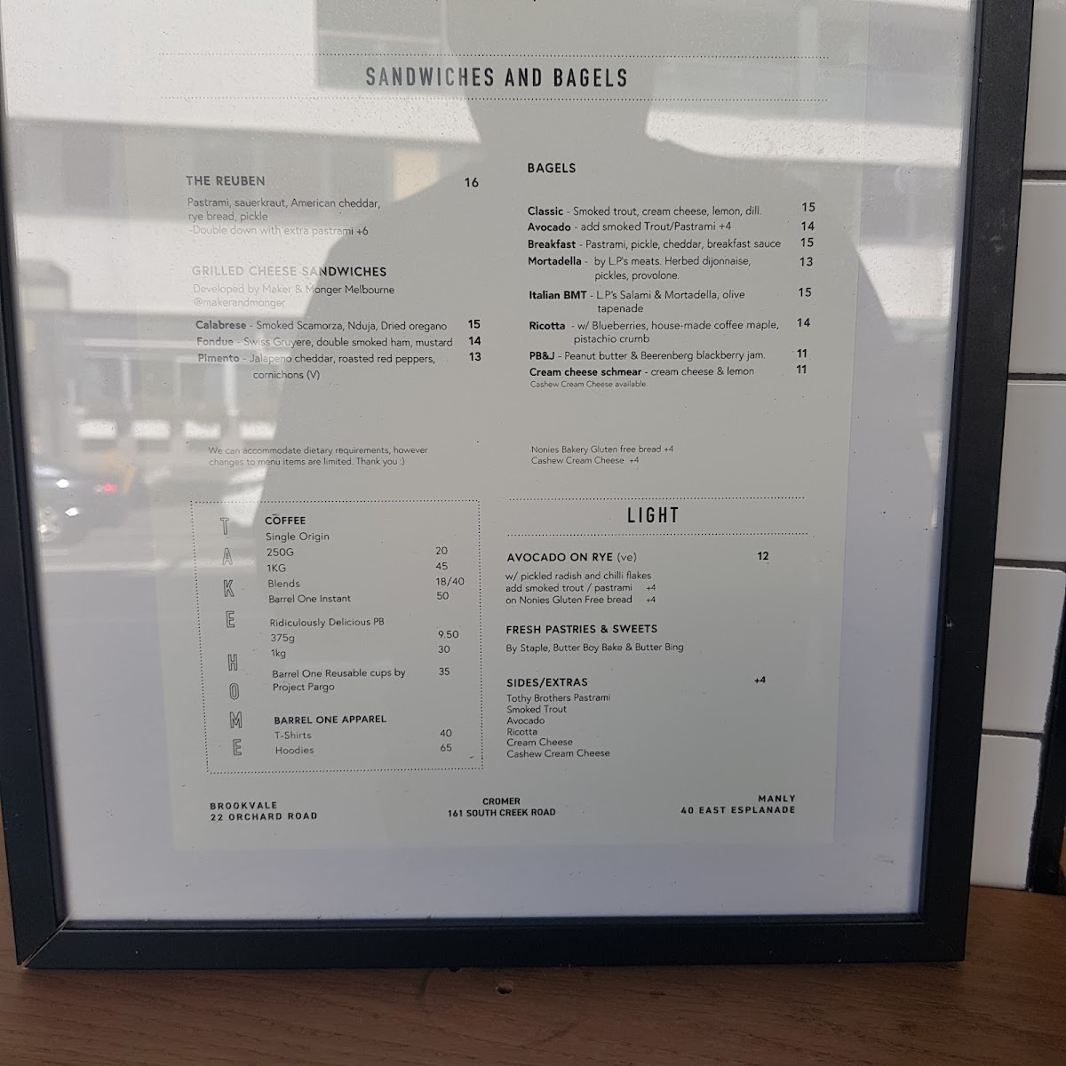 Barrel One Coffee Roasters Manly menu board