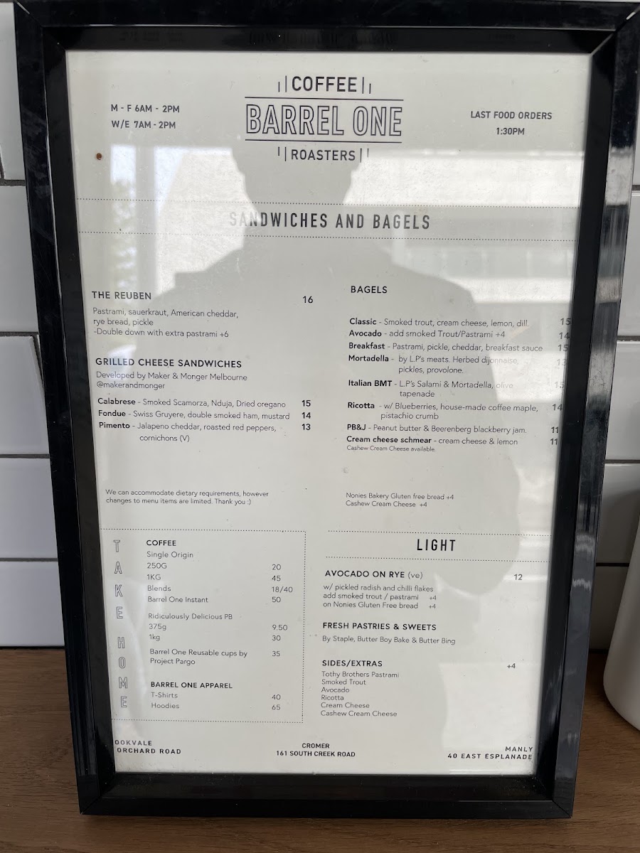 Barrel One Coffee Roasters Manly menu board