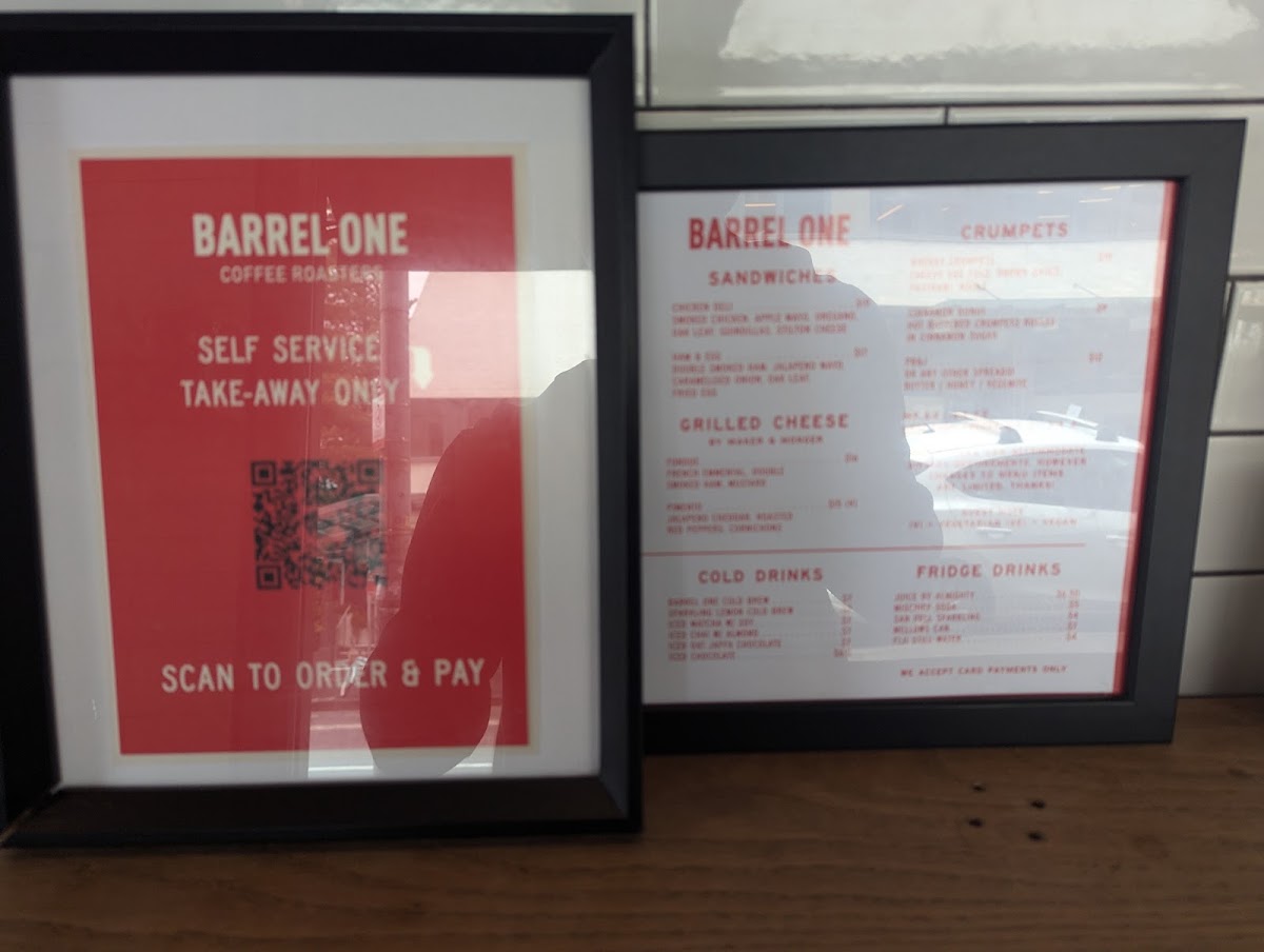 Barrel One Coffee Roasters Manly menu board