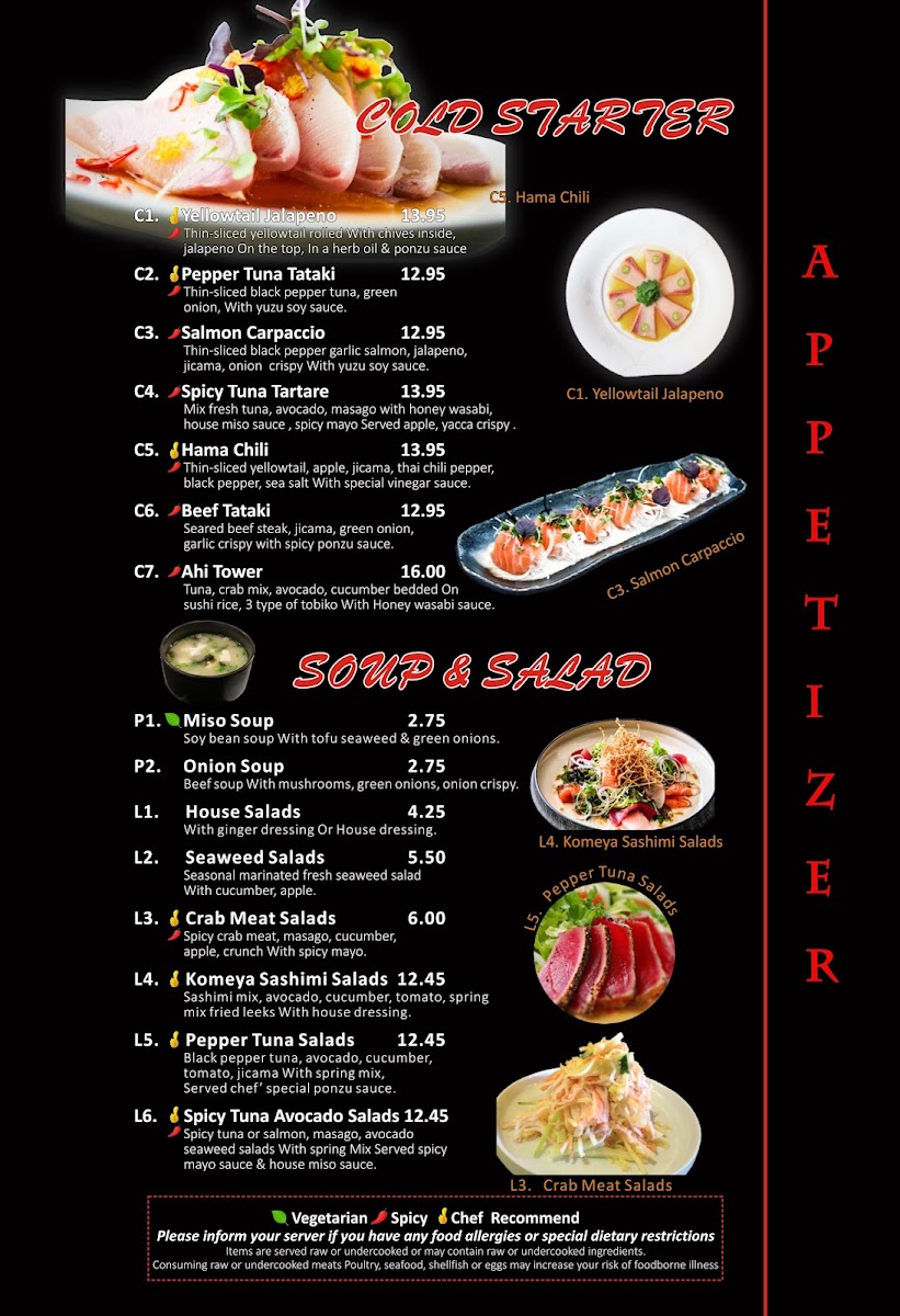 Komeya sushi and ramen menu board