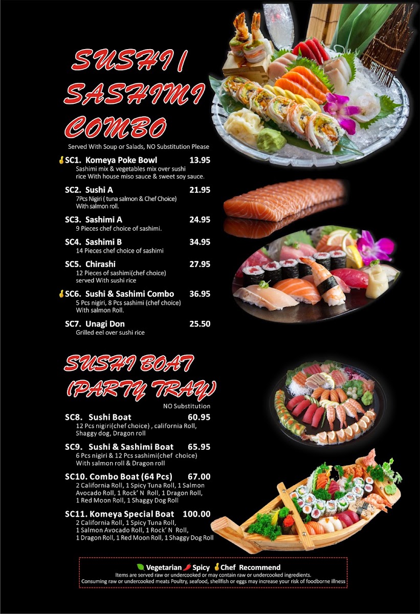 Komeya sushi and ramen menu board