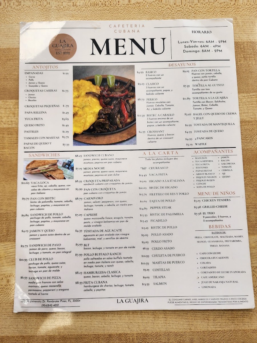 Cafetería cubana La Guajira menu board