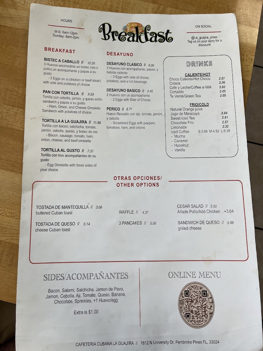 Cafetería cubana La Guajira menu board