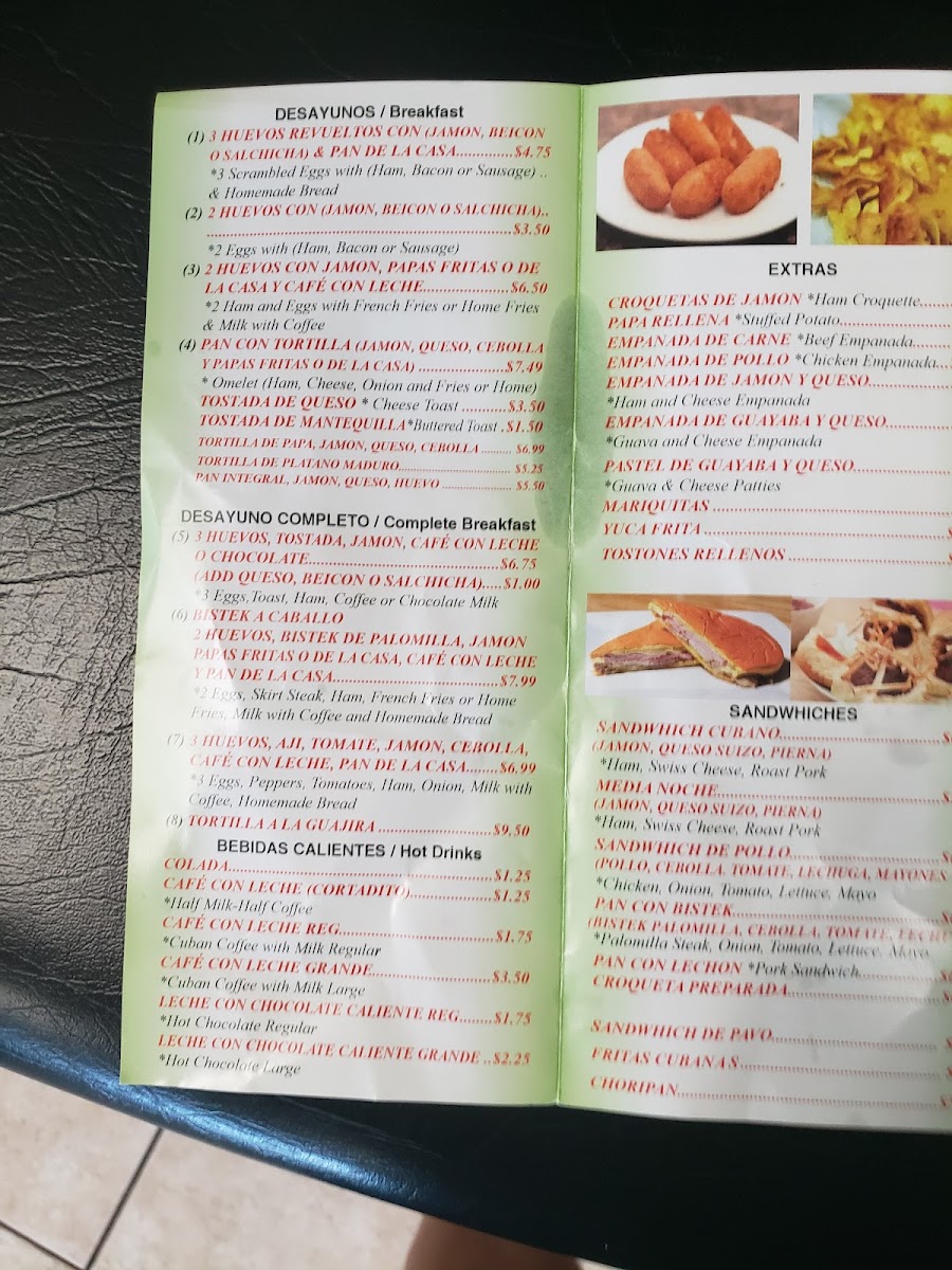 Cafetería cubana La Guajira menu board