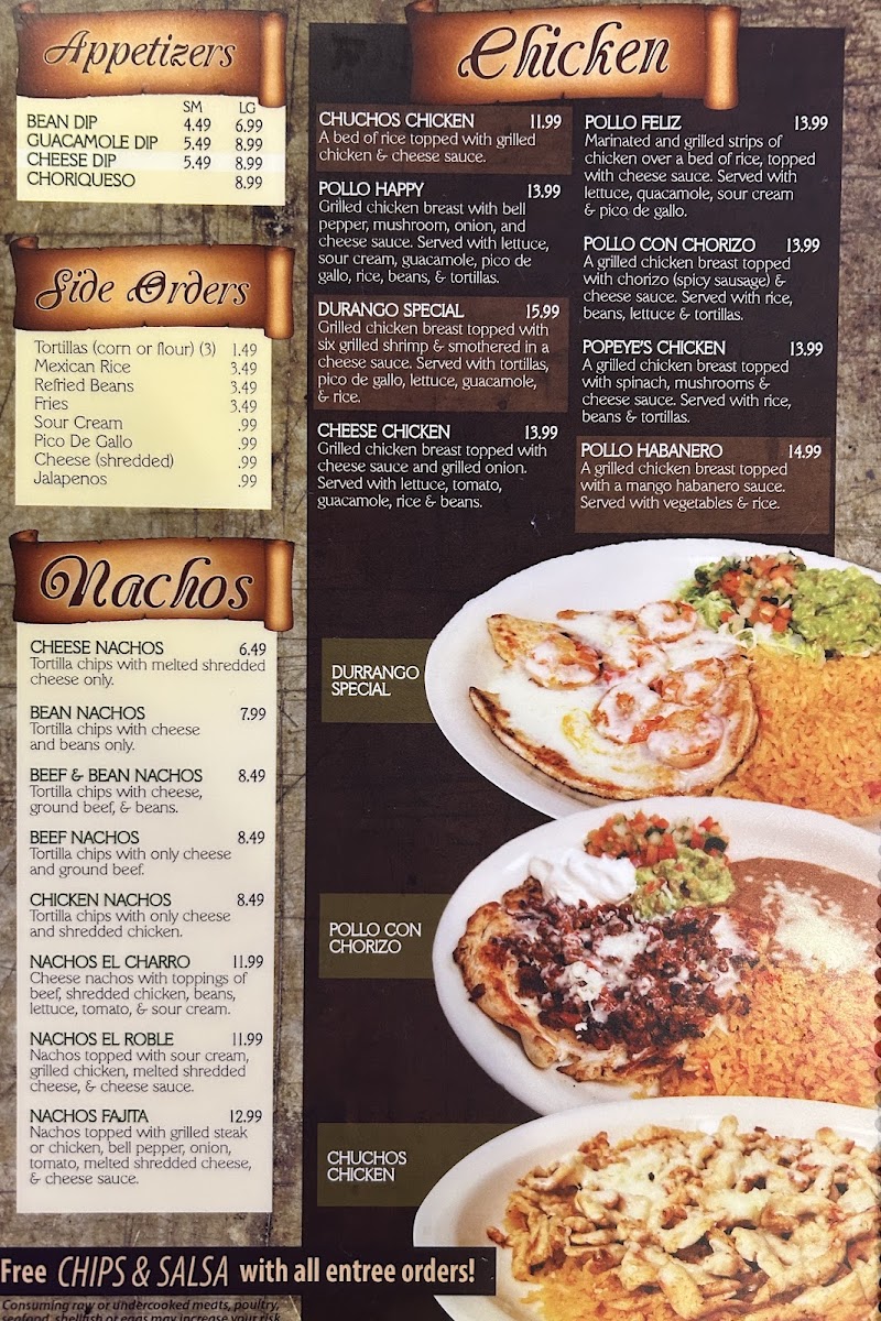 El Charro of Iola menu board