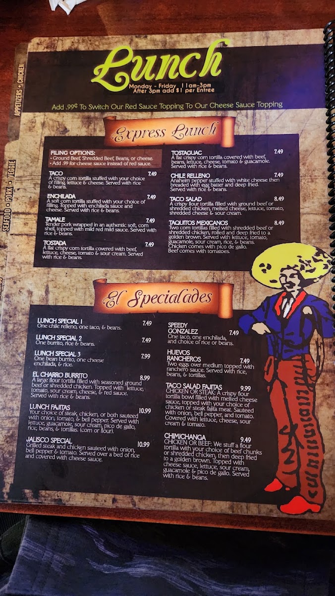 El Charro of Iola menu board
