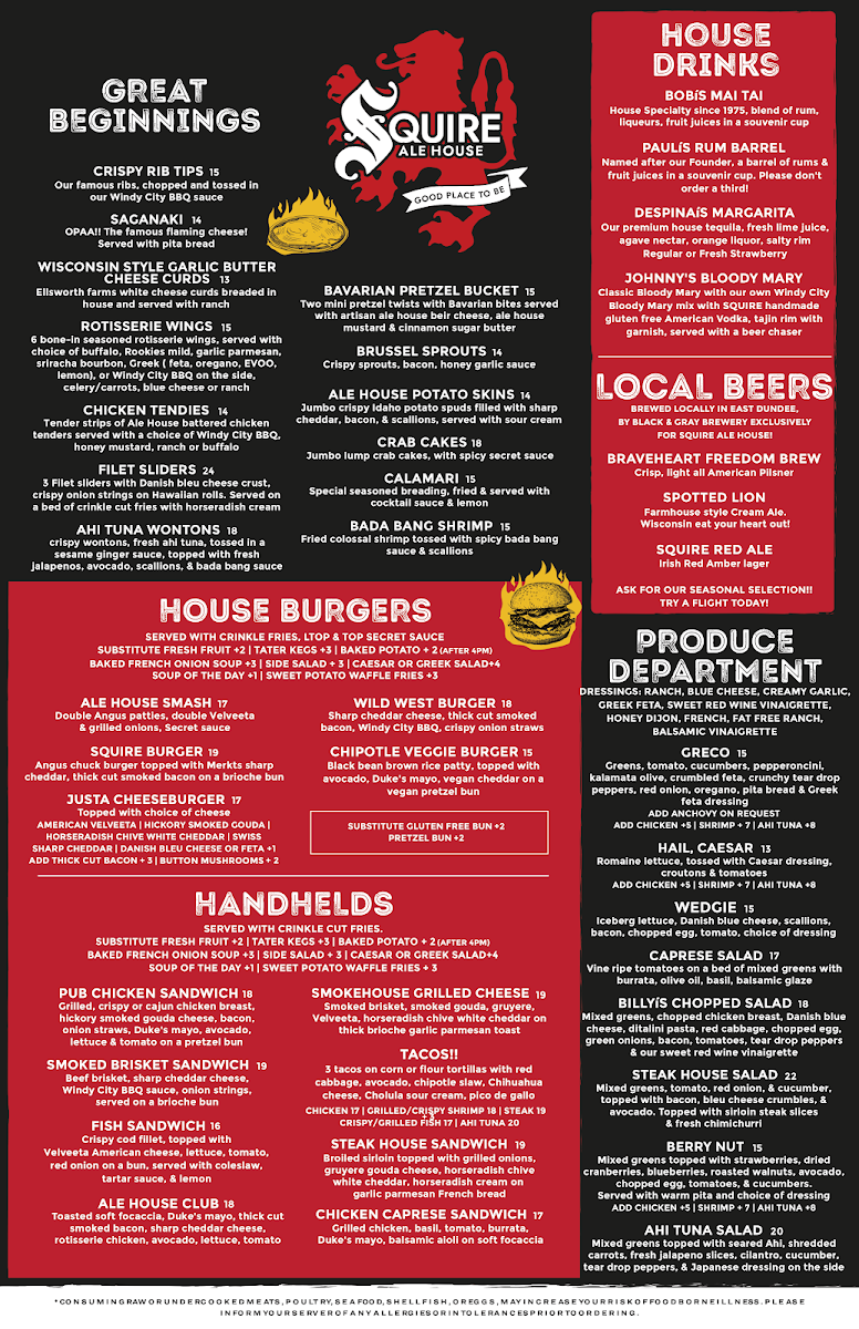 Squire Ale House menu board