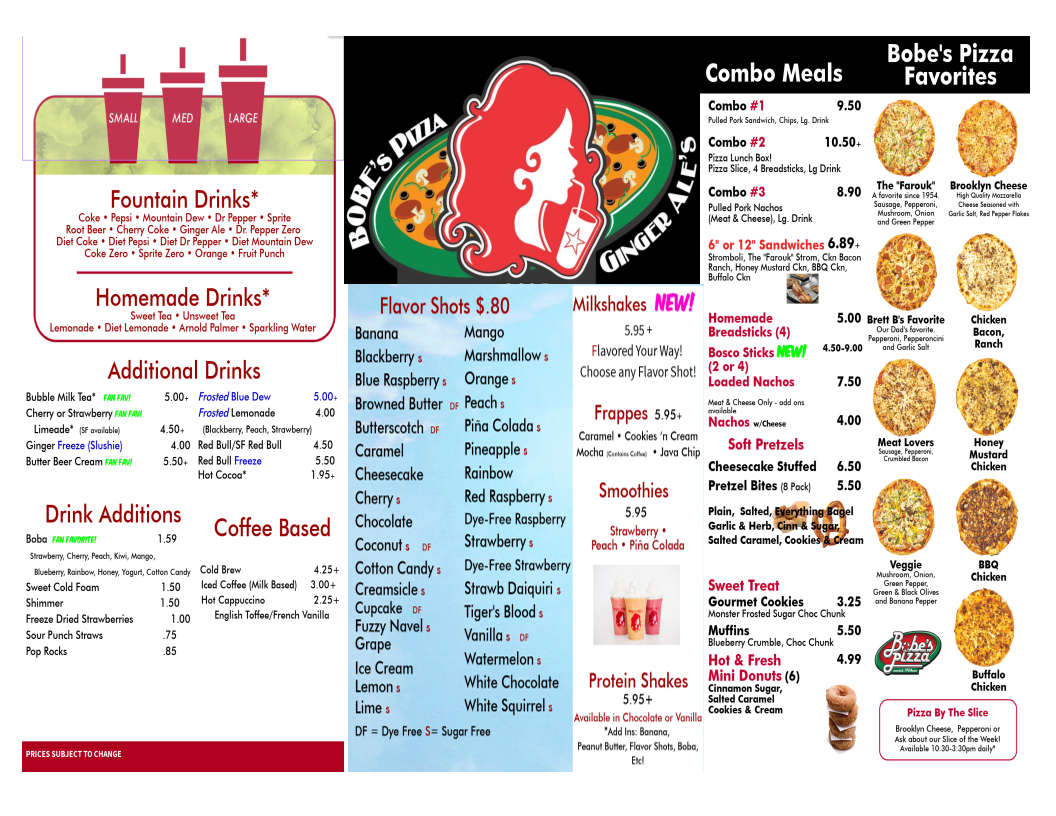 Bobe's Pizza & Ginger Ale's Charleston, IL menu board