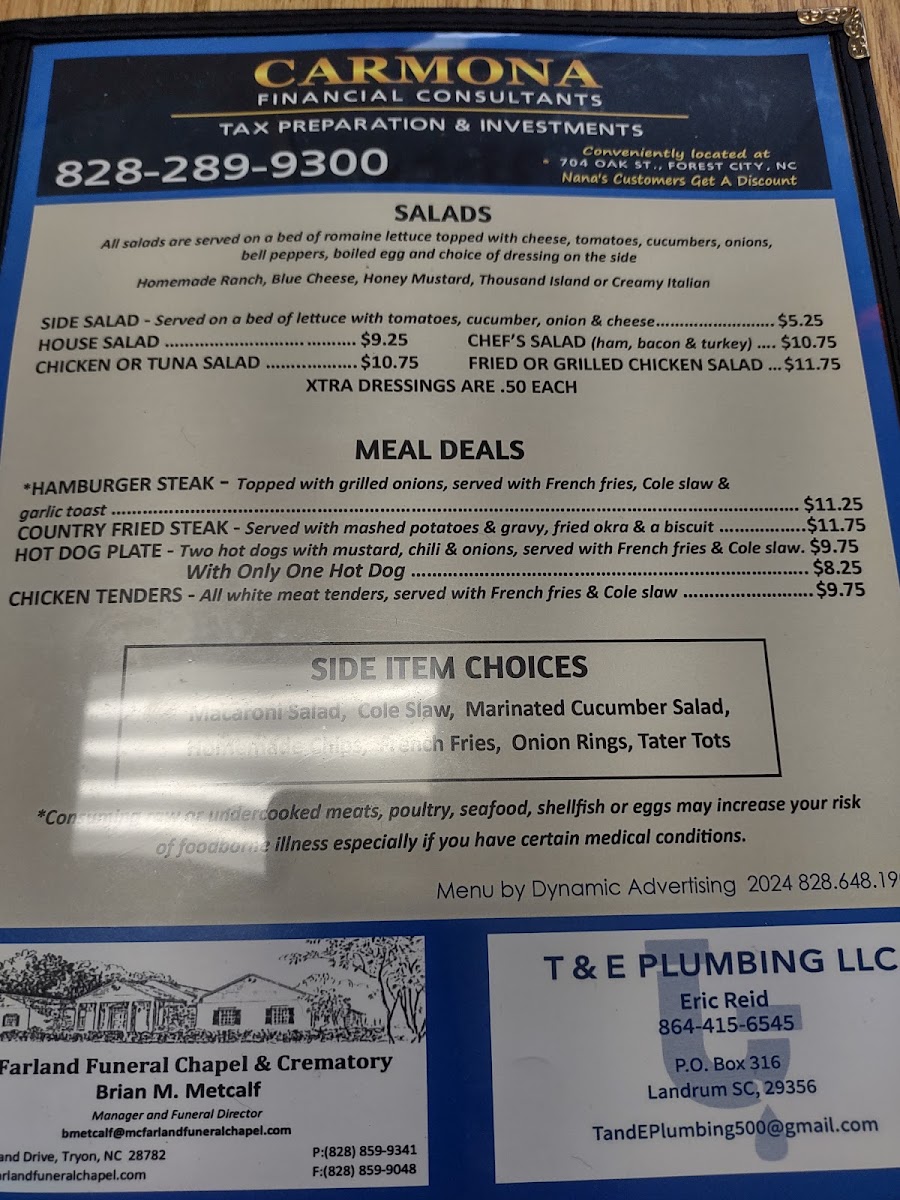 Nana's Kitchen - Tryon, NC menu board