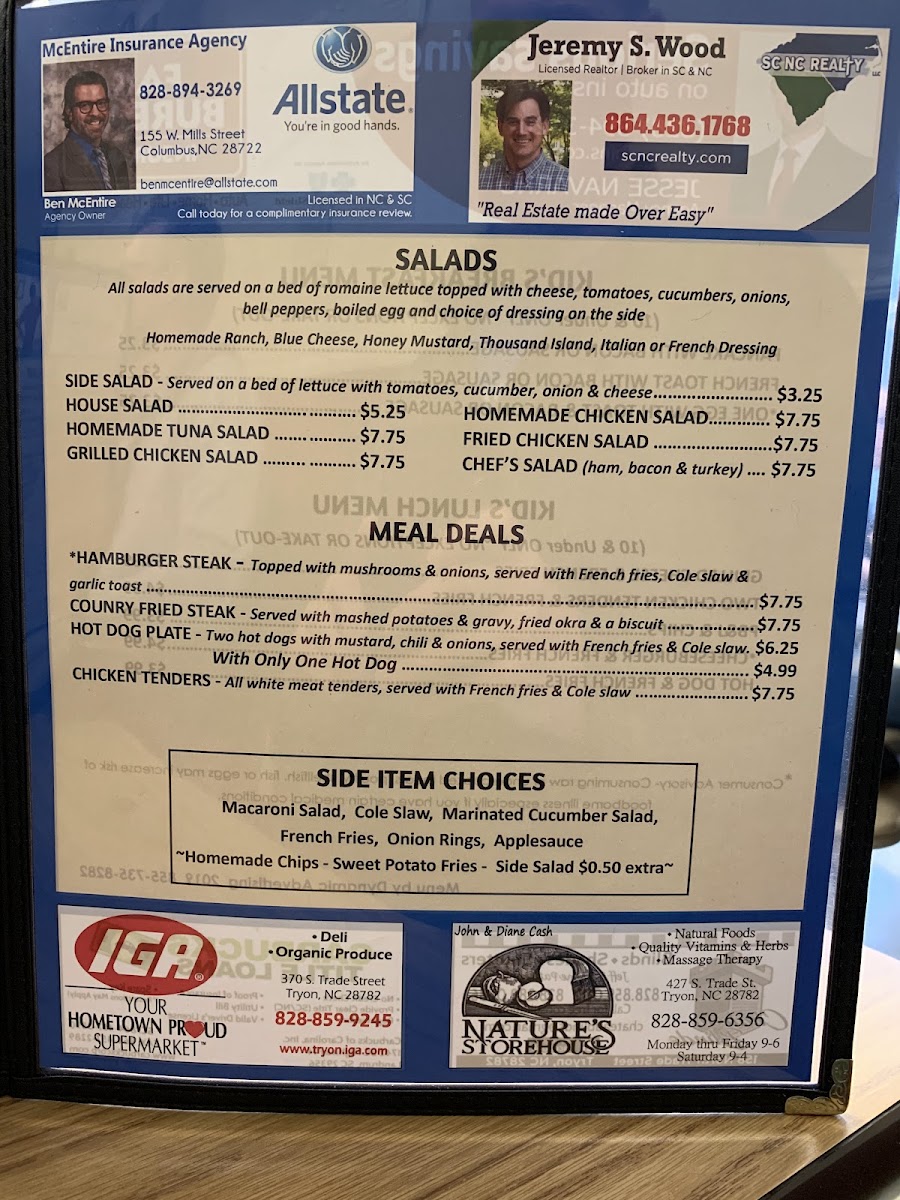 Nana's Kitchen - Tryon, NC menu board