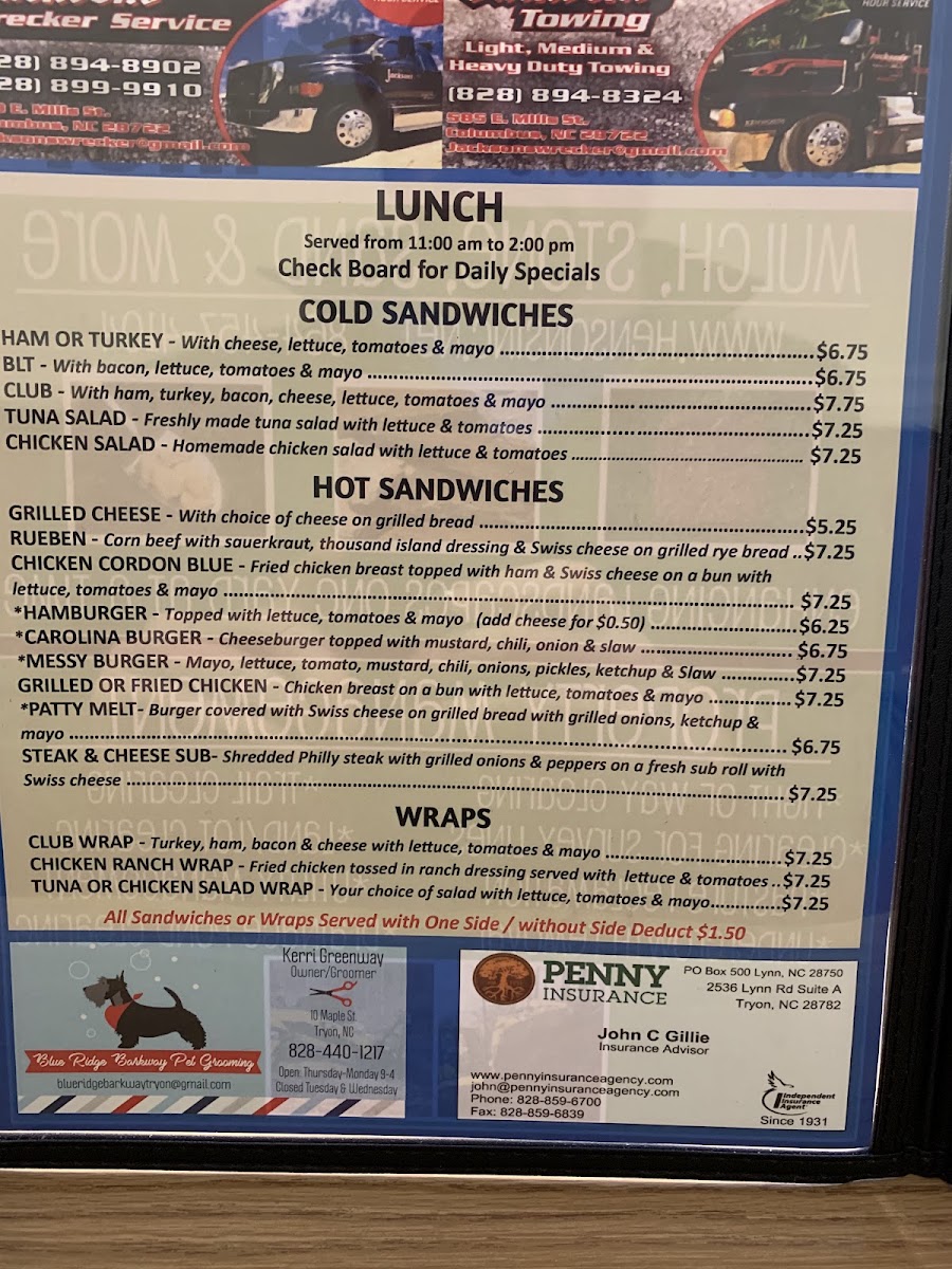 Nana's Kitchen - Tryon, NC menu board