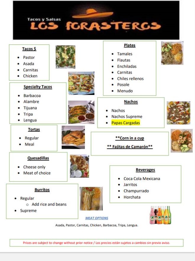 Tacos Y Salsas Los Forasteros menu board