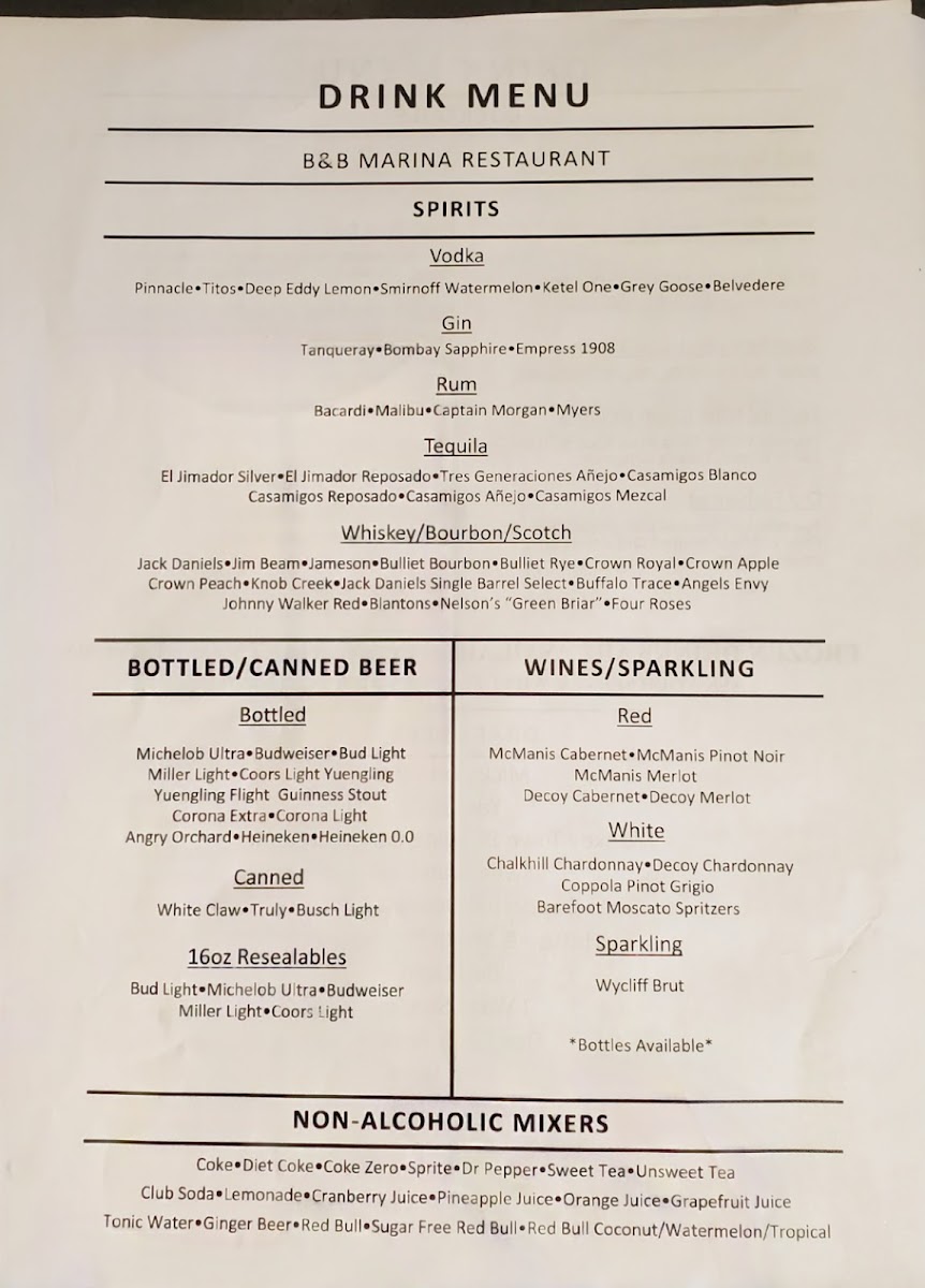 B & B Marina store menu board