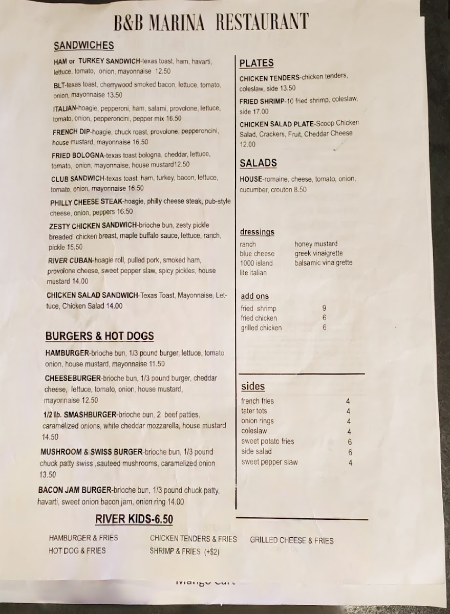 B & B Marina store menu board