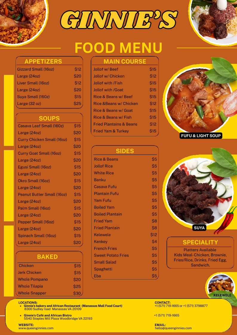 Ginnie’s Cafe and African Bistro menu board