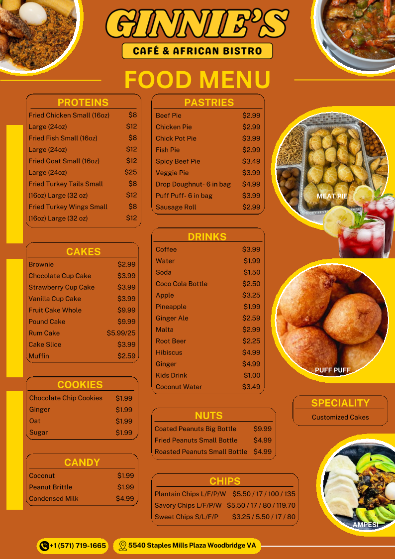 Ginnie’s Cafe and African Bistro menu board