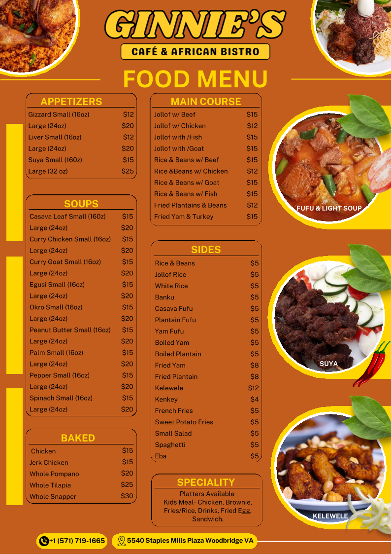 Ginnie’s Cafe and African Bistro menu board